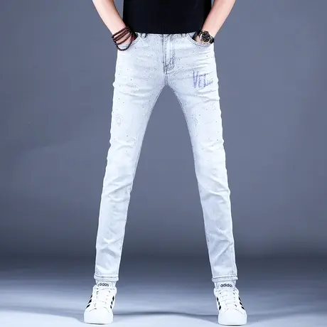 2023新款奢侈品牌烫钻花牛仔裤男款灰色修身小脚裤子男士灰色休闲商品大图