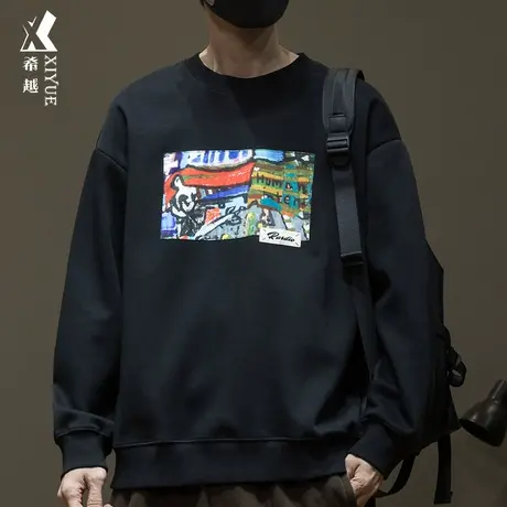 希越设计感贴布彩绘套头卫衣男潮牌痞帅宽松大码秋冬内搭打底衫潮商品大图