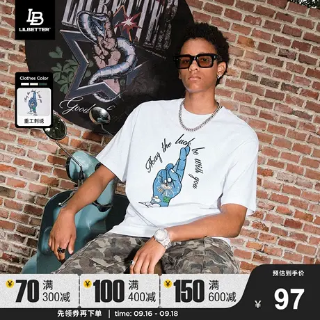 Lilbetter【LB幸运手势】刺绣短袖t恤男衣服高街半袖美式复古体恤商品大图