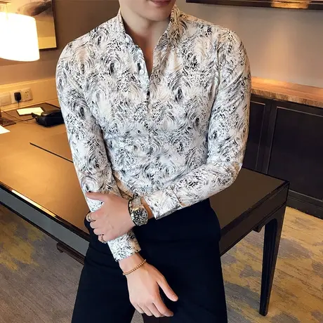 金丝边印花衬衫男长袖2023年春夏秋潮流韩版修身帅气雅痞绅士寸衣商品大图