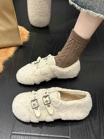 网红小众设计羊羔毛毛鞋女外穿2023年新款秋冬季平底豆豆单鞋棉鞋商品大图