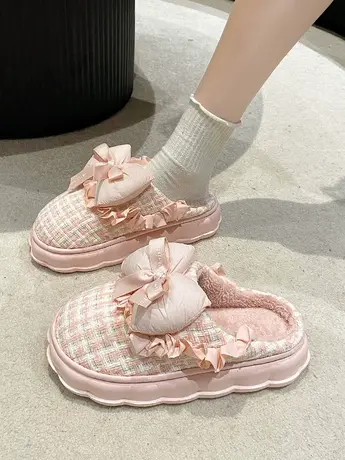 法式佯装公主风蝴蝶结棉拖鞋女居家2023冬季小香风少女外穿懒人鞋商品大图