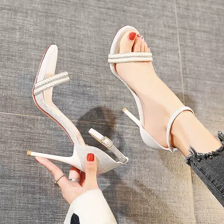 鞋子女夏季2021年新款性感露趾水钻细跟超高跟鞋防水台一字扣凉鞋图片