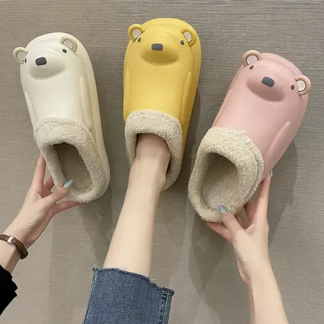 防水棉拖鞋女可爱秋冬季家居室内防滑厚底家用卡通保暖毛绒拖鞋男商品大图