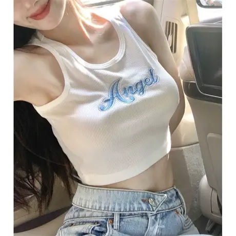 美式复古字母刺绣无袖背心女夏季修身短款露脐辣妹纯欲风吊带上衣图片