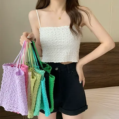 木耳褶皱短款露脐吊带背心夏季带胸垫性感显瘦裹胸美背打底上衣服商品大图