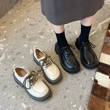 永希系带小皮鞋女秋冬2022年新款厚底粗跟乐福鞋英伦风配裙子女鞋商品大图