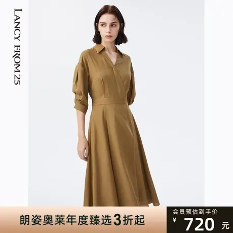 朗姿显瘦polo领泡泡袖黄色衬衫抽褶连衣裙子女夏奥莱新款图片