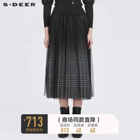 sdeer圣迪奥秋装优雅松紧网纱拼接格纹长裙女S22181117图片