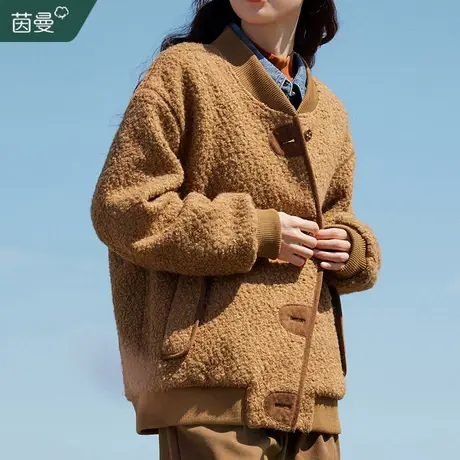 茵曼羊羔毛夹棉外套女2023年秋冬季新款美拉德短款棉衣棒球服上衣商品大图