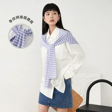 【商场同款】茵曼条纹衬衫女2022年春季新款翻领宽松休闲拼接衬衣图片