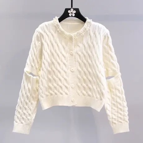 钉珠设计感麻花针织开衫女2023早春新款设计感外穿短款毛衣外套图片