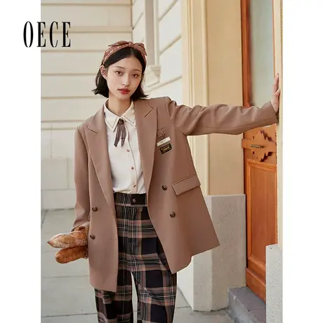 Oece复古格纹裤子秋新款高腰休闲裤女士韩版春秋显瘦长裤图片