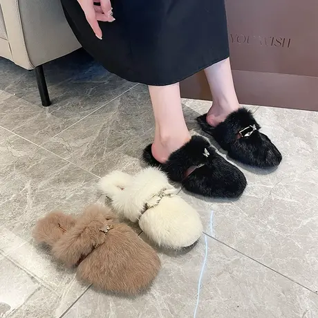 毛毛拖鞋女外穿穆勒鞋网红毛绒包头半拖鞋毛拖秋冬季棉拖2024新款图片
