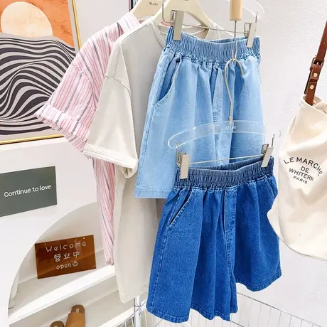 韩代款夏季水洗牛仔短裤女~遮胯显瘦高腰松紧阔腿a字版热裤三分裤图片