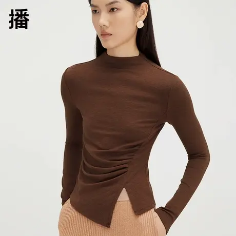 播半高领针织衫女2023秋冬新款修身内搭开叉弹力T恤DDQ4YD5439商品大图