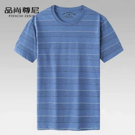 男士短袖t恤圆领简约条纹休闲爸爸夏装上衣丝光棉凉感体恤中老年商品大图