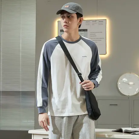 唐狮长袖T恤男春秋季新款韩版休闲上衣服男拼接宽松潮酷打底衫商品大图