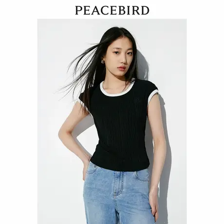太平鸟修身撞色T恤女短袖夏U领显瘦时尚简约通勤小上衣图片