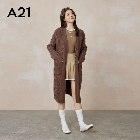 A21女装宽松落肩中长款毛织外套春秋季休闲百搭慵懒风设计感开衫商品大图