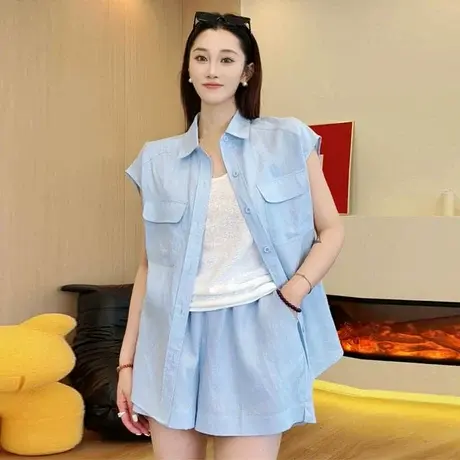 浅蓝色韩系衬衫短裤套装女夏季2025新款小个子休闲气质超火两件套图片