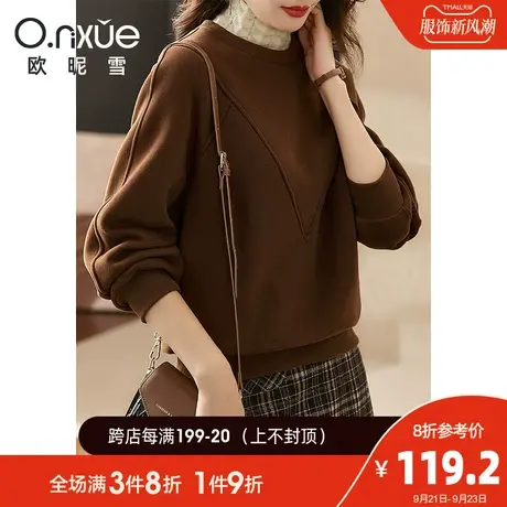 欧昵雪2023冬季新款蕾丝半高领拼接加绒卫衣女宽松套头保暖厚上衣图片