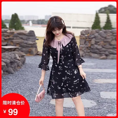 2023年夏季新款百褶领减龄雪纺碎花气质显瘦遮肚子胖MM连衣裙大码商品大图