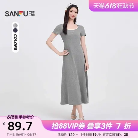 三福连衣裙女2025新款夏季刺绣方领显瘦气质a字长裙子女装498366图片