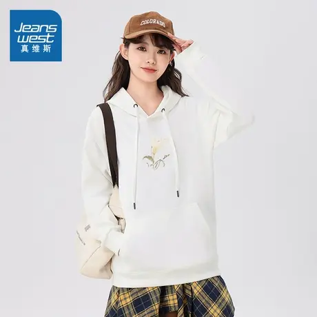 XC真维斯女装套头衫2025新款连帽落肩长袖宽松休闲卫衣红色新年服商品大图