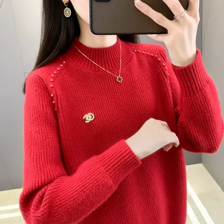 半高领毛衣女2023秋冬新款宽松插肩袖钉珠洋气慵懒风打底针织衫厚商品大图