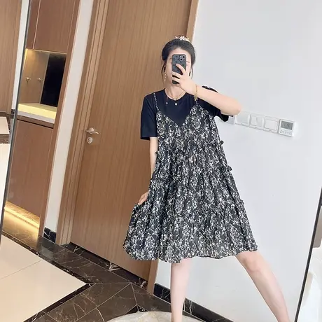 雪纺碎花拼接假两件显瘦遮肚子2023新款女夏季连衣裙短袖大码胖mm图片