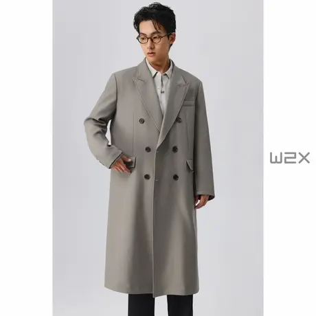 w2x2024新款双排扣春秋季风衣男中长款过膝高级感翻领设计外套男图片