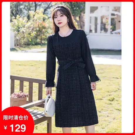 绮娑大码长袖拼接小黑裙2023年秋装新款胖MM显瘦连衣裙收腰系带商品大图