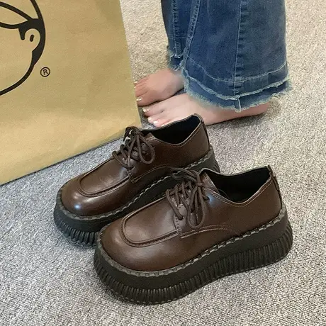 复古英伦风松糕厚底小皮鞋女2023春秋新款日系百搭棕色jk增高单鞋商品大图