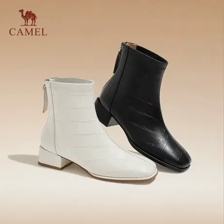 骆驼女鞋2025秋冬真皮小方头短靴粗跟时装靴弹力靴显瘦瘦靴皮靴子商品大图