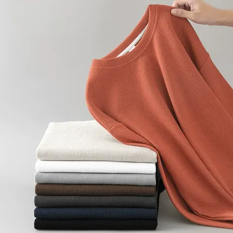 男士卫衣华夫格秋冬款纯色套头无帽上衣保暖加绒加厚圆领长袖t恤商品大图