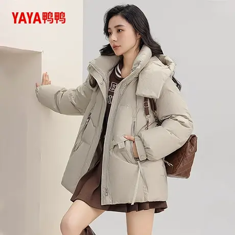 鸭鸭羽绒服女士2024冬季新品短款连帽可拆百搭宽松厚保暖鸭绒外套商品大图