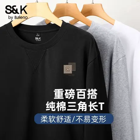 班尼路S&K黑色百搭T恤男秋季重磅圆领纯棉长袖休闲运动男士上衣商品大图