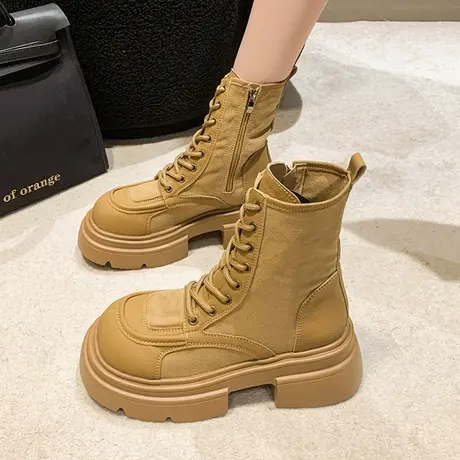 马丁靴女2023新款秋季英伦风厚底帆布机车靴子登山短靴薄款大黄靴图片