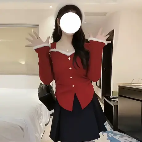 2025新款韩系圣诞红色长袖t恤女秋冬辣妹毛毛上衣方领修身打底衫商品大图