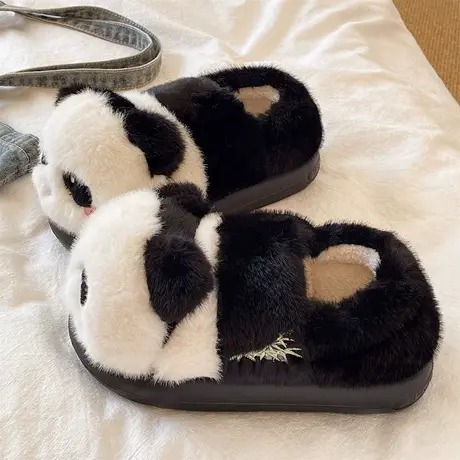 可爱卡通熊猫棉拖鞋女冬季包跟毛绒保暖居家室内防滑软底月子棉鞋商品大图