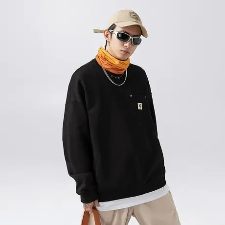 男士黑色重磅卫衣男圆领春秋款2023新款美式复古上衣慵懒风外套潮商品大图