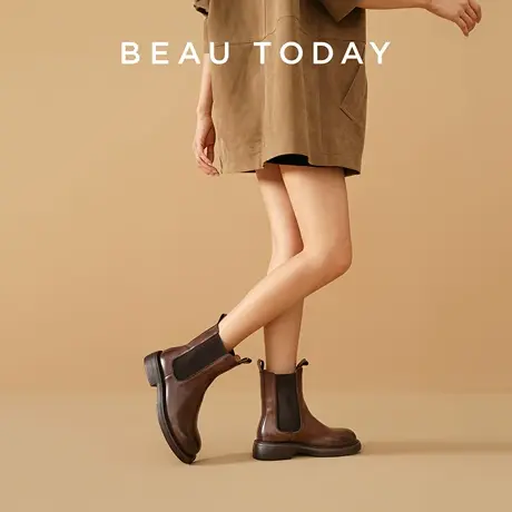 BeauToday真皮切尔西靴女2025新款秋季英伦风短靴复古棕色女靴子图片