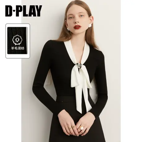 DPLAY春季新款通勤时尚重工钻扣V领蝴蝶结熊猫色长袖针织衫商品大图