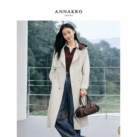 玖姿安娜蔻都市通勤风抽绳收腰撞色连帽长款风衣女2026春季新款图片