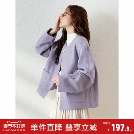 唐狮短款仿毛呢外套女净色小个子春季慵懒风高级感休闲上衣图片