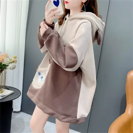 设计感加绒加厚连帽卫衣女2022年新款秋冬减龄宽松慵懒风拼色外套商品大图