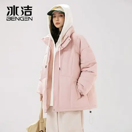冰洁宽松棉服女2023秋冬季新款情侣装纯色简约假两件连帽外套MYY商品大图