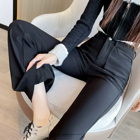黑色休闲微喇裤女冬季新款高腰修身显瘦弹力设计感加绒加厚喇叭裤图片