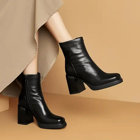 冬季新款简约棕色女靴保暖加绒全牛皮软皮粗高跟短靴时尚圆头皮靴图片